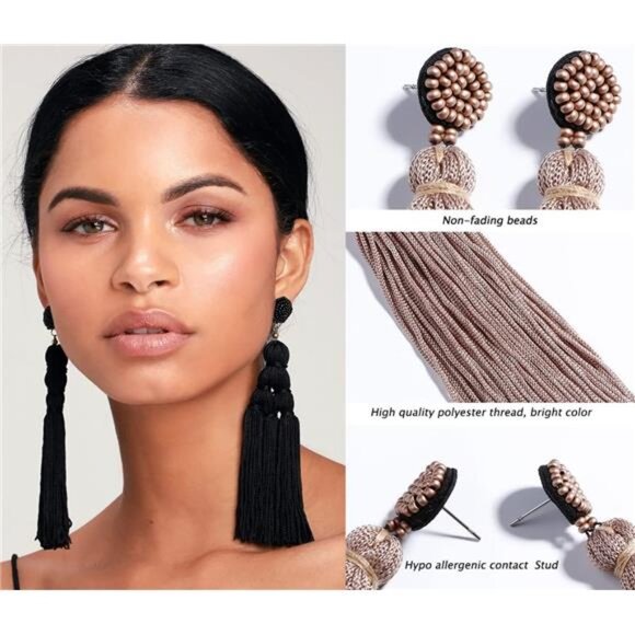 Handmade Beaded Tassel Earrings | 5.5” Long Boho Fringe Earrings - Picture 4 of 5